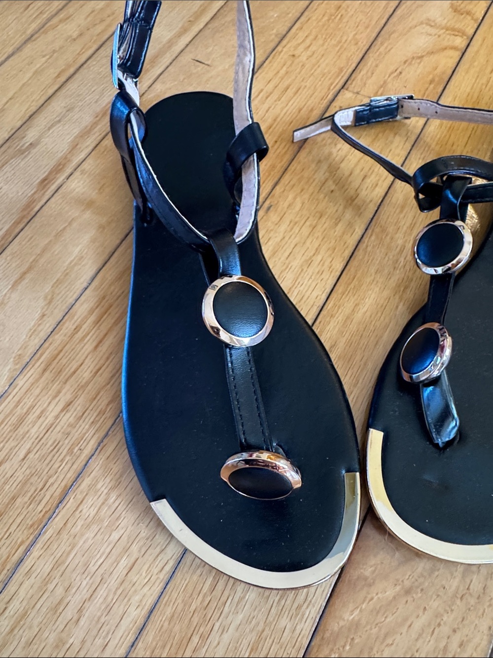 Black T-Strap Sandals with Gold Accents Size 9